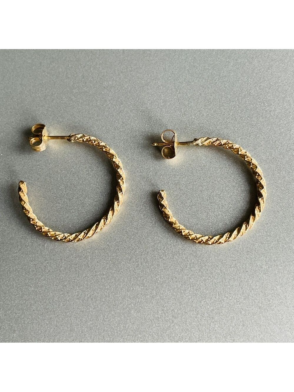 14k Yellow Gold Twisted Rope Half Hoop Vintage Earrings - Picture 3 of 6